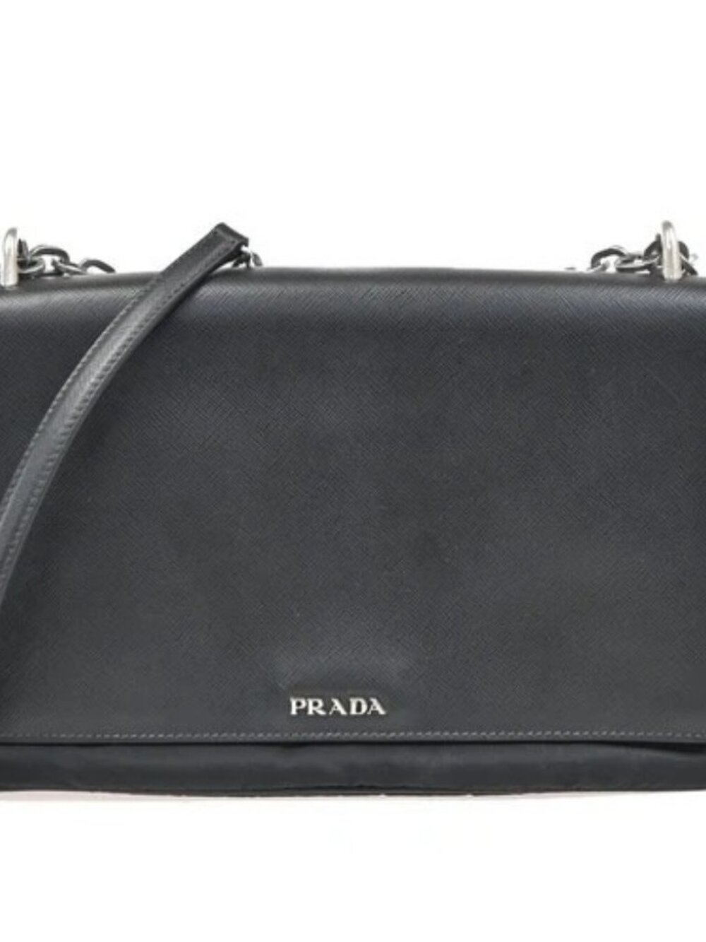 PRADA Saffiano Diagonal Chain Shoulder Bag Nylon Leather Black SHW 10ZA204 - Picture 1 of 15